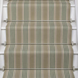 Striped flatweave runner in sage and black on white staircase