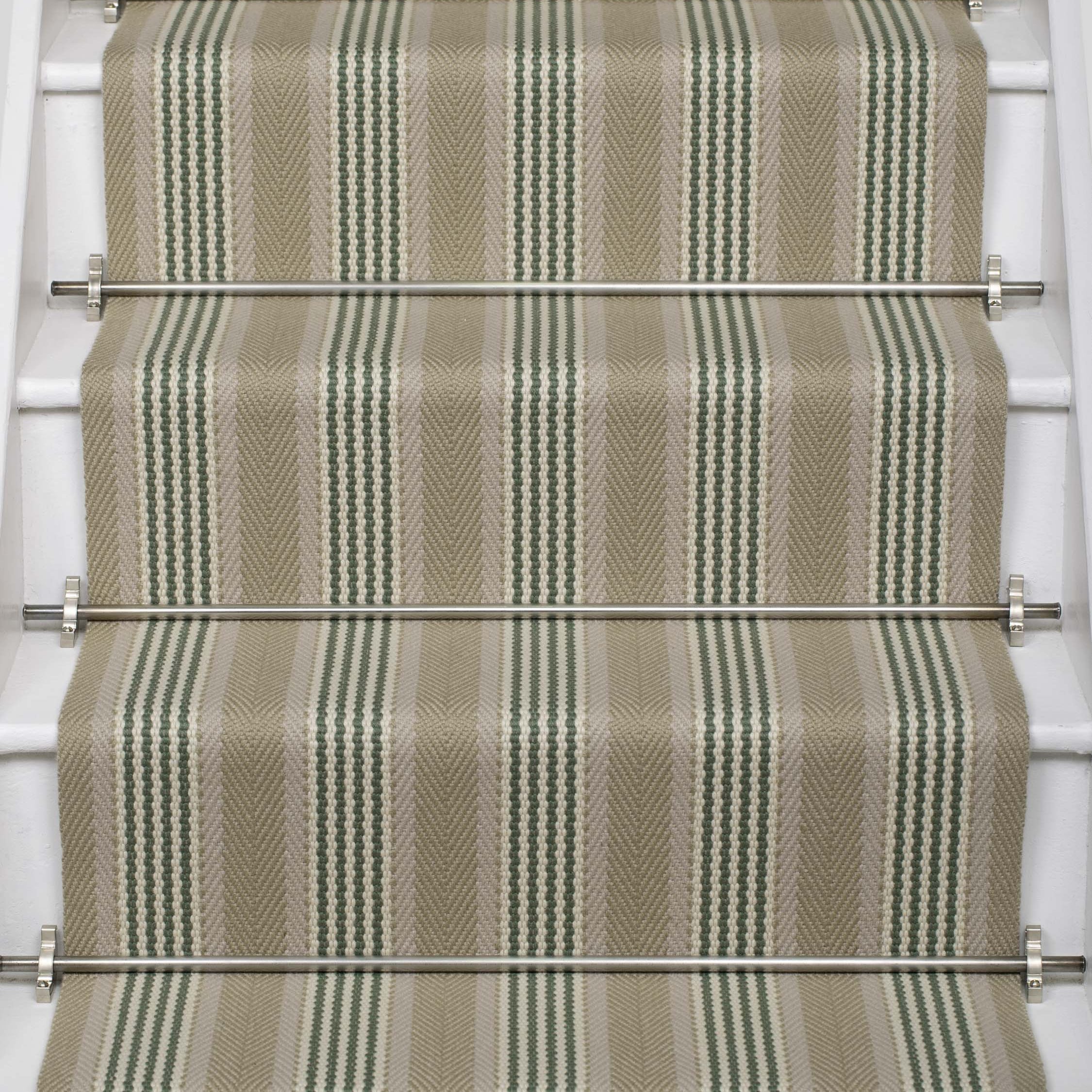 Striped flatweave runner in sage and black on white staircase