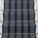 Striped flatweave runner in blue on white staircase