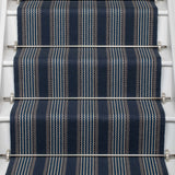 Striped flatweave runner in blue on white staircase
