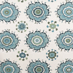 Detail of fabric in a floral paisley print in shades of blue and green on a white field.