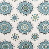 Detail of fabric in a floral paisley print in shades of blue and green on a white field.