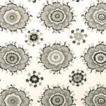 Detail of fabric in a floral paisley print in shades of brown, gray and tan on a white field.