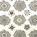Detail of fabric in a floral paisley print in shades of brown, gray and tan on a white field.