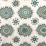 Detail of fabric in a floral paisley print in shades of blue, green and black on a cream field.