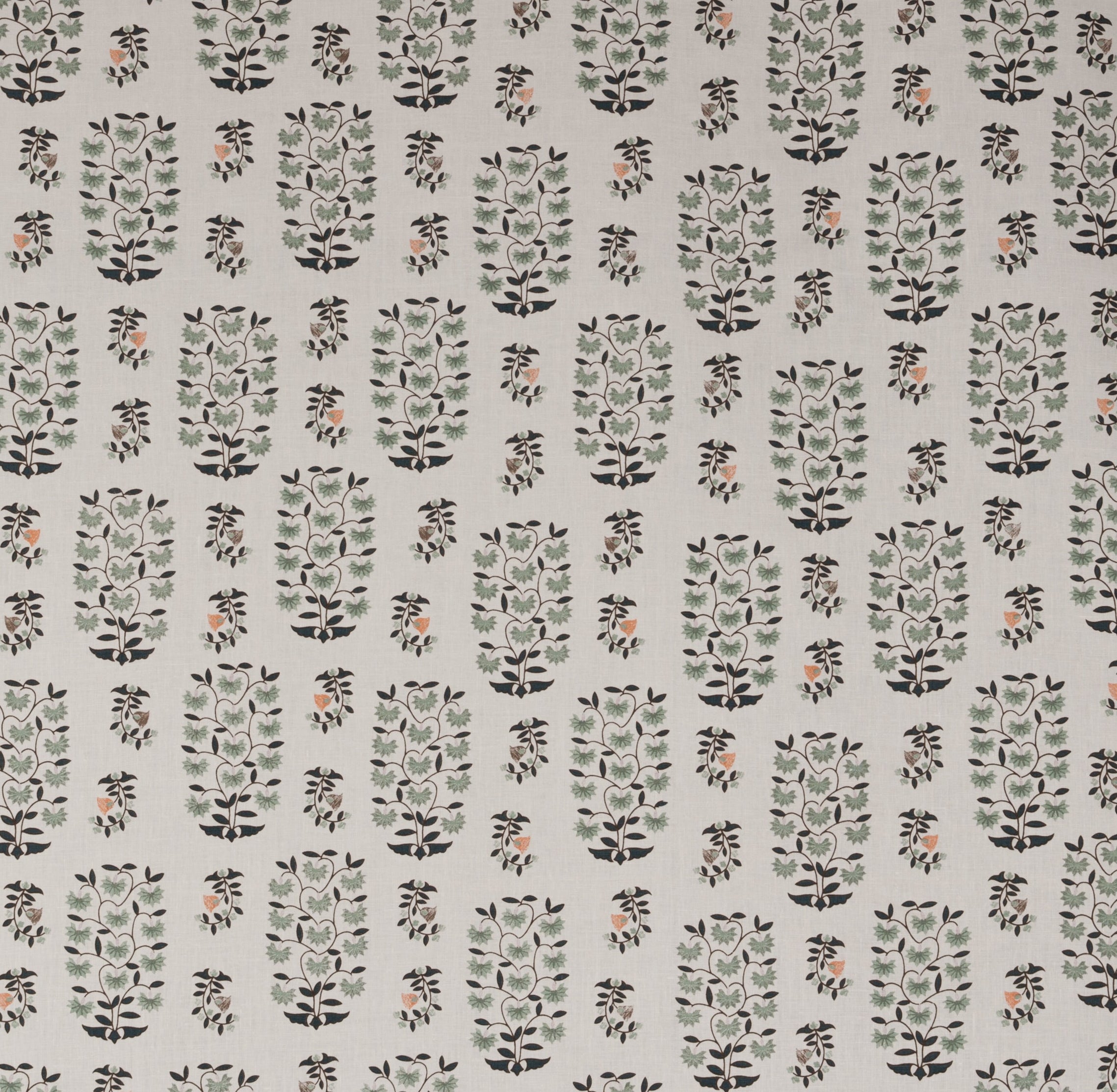 Detail of fabric in a small-scale floral print in shades of green, black and coral on a white field.