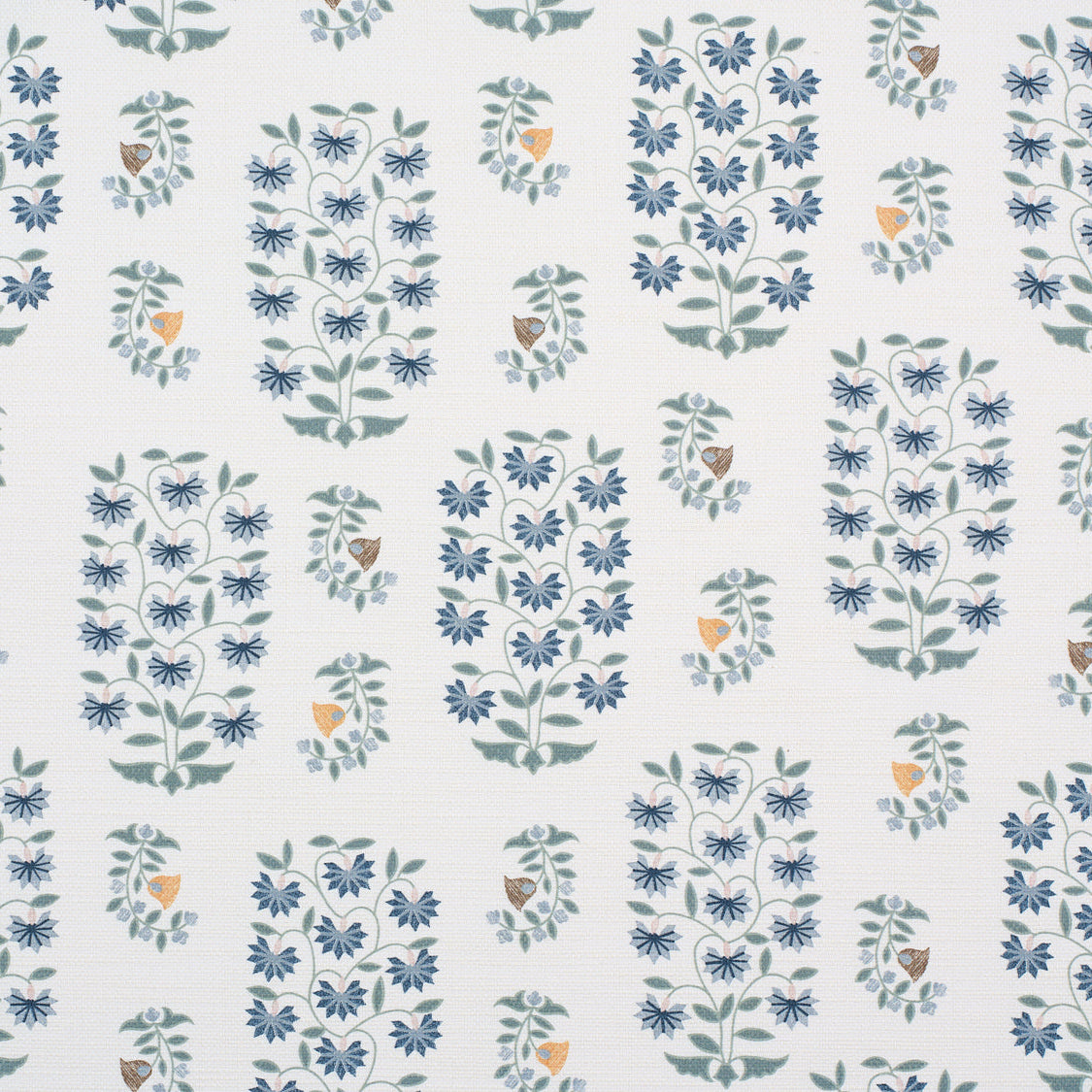 Detail of fabric in a small-scale floral print in shades of blue, green and pink on a white field.