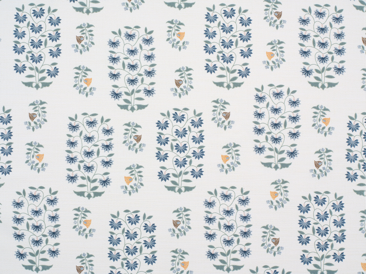 Detail of fabric in a small-scale floral print in shades of blue, green and pink on a white field.