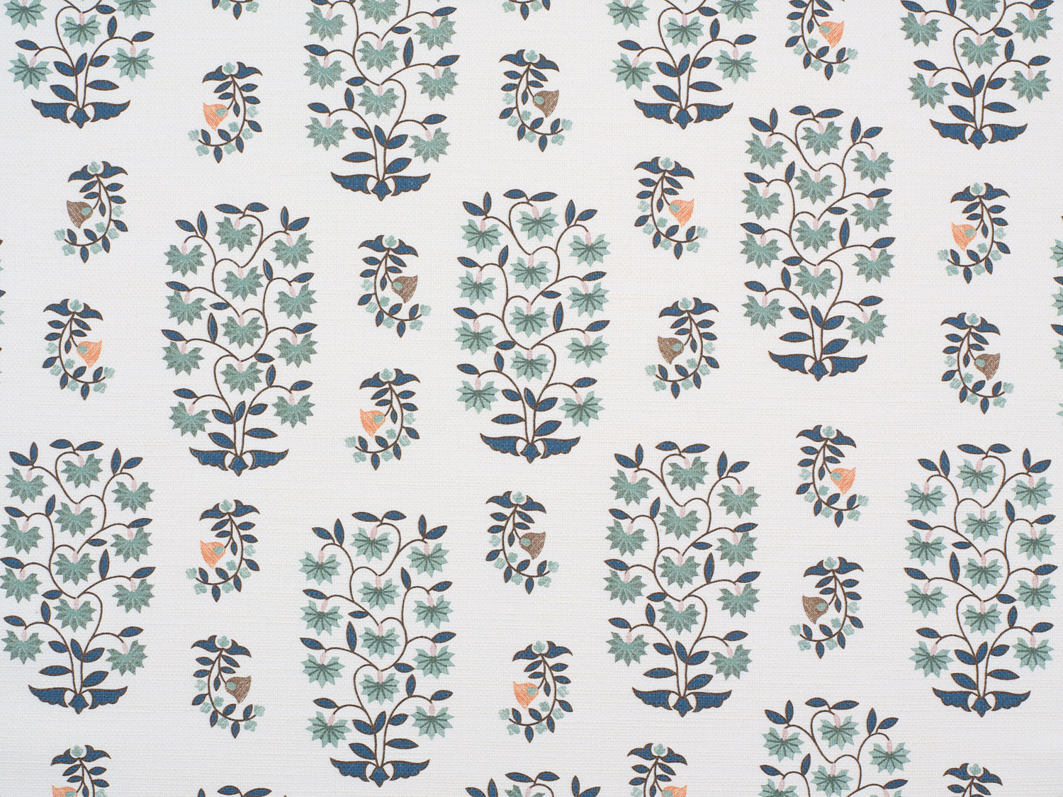 Detail of fabric in a small-scale floral print in shades of green, black and coral on a white field.
