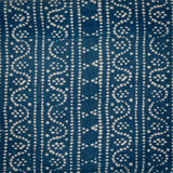 Detail of fabric in a dotted geometric stripe in cream on a navy field.