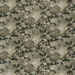 printed linen fabric in a detailed floral pattern in shades of beige and brown on a black field.
