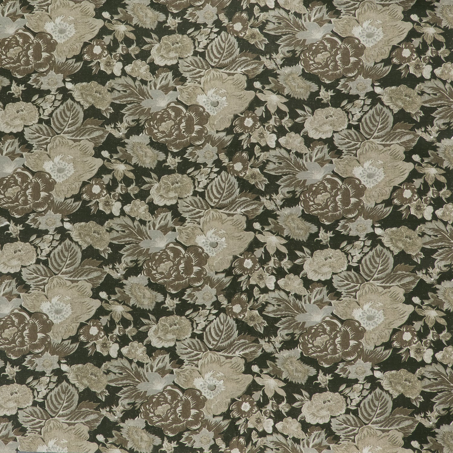 printed linen fabric in a detailed floral pattern in shades of beige and brown on a black field.