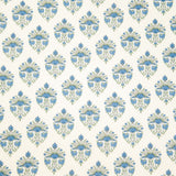 Detail of fabric in a floral paisley print in shades of blue and green on a greige field.