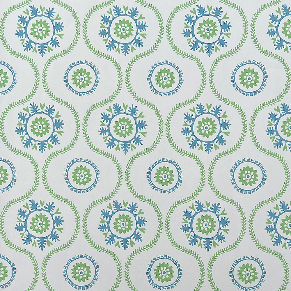Detail of wallpaper in a playful floral stripe in blue and green on a light blue field.