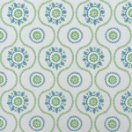 Detail of wallpaper in a playful floral stripe in blue and green on a light blue field.