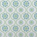 Detail of wallpaper in a playful floral stripe in blue and green on a light blue field.