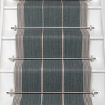 Striped flatweave runner in slate and grey on white staircase