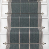 Striped flatweave runner in slate and grey on white staircase