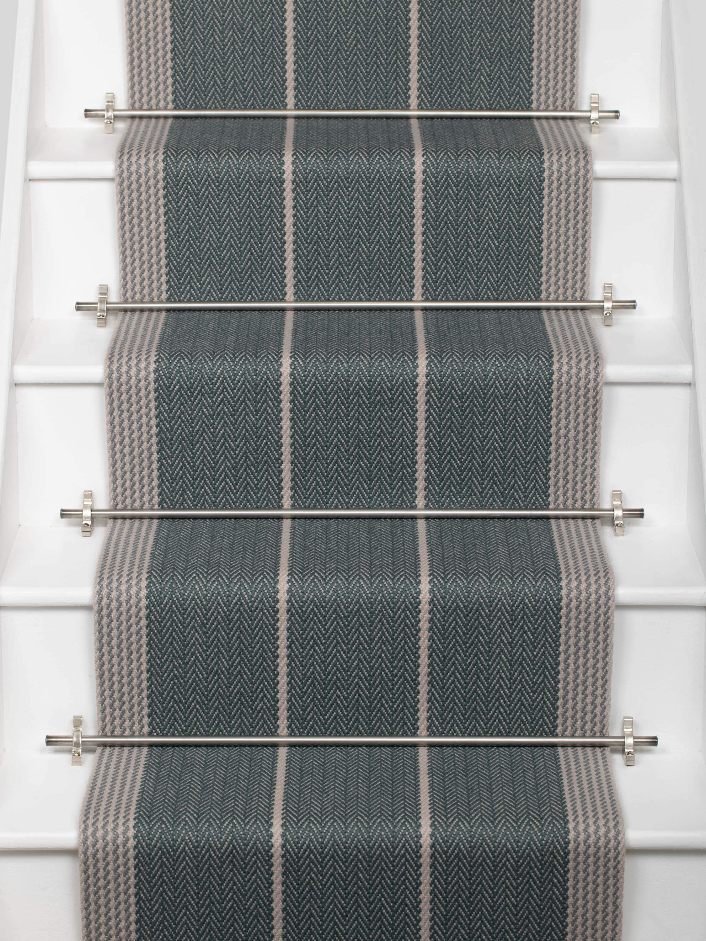 Striped flatweave runner in slate and grey on white staircase