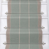Striped flatweave runner in blue and grey on white staircase