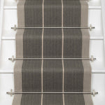 Striped flatweave runner in dark grey and light grey on white staircase