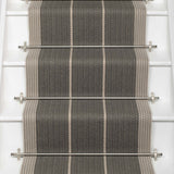 Striped flatweave runner in dark grey and light grey on white staircase