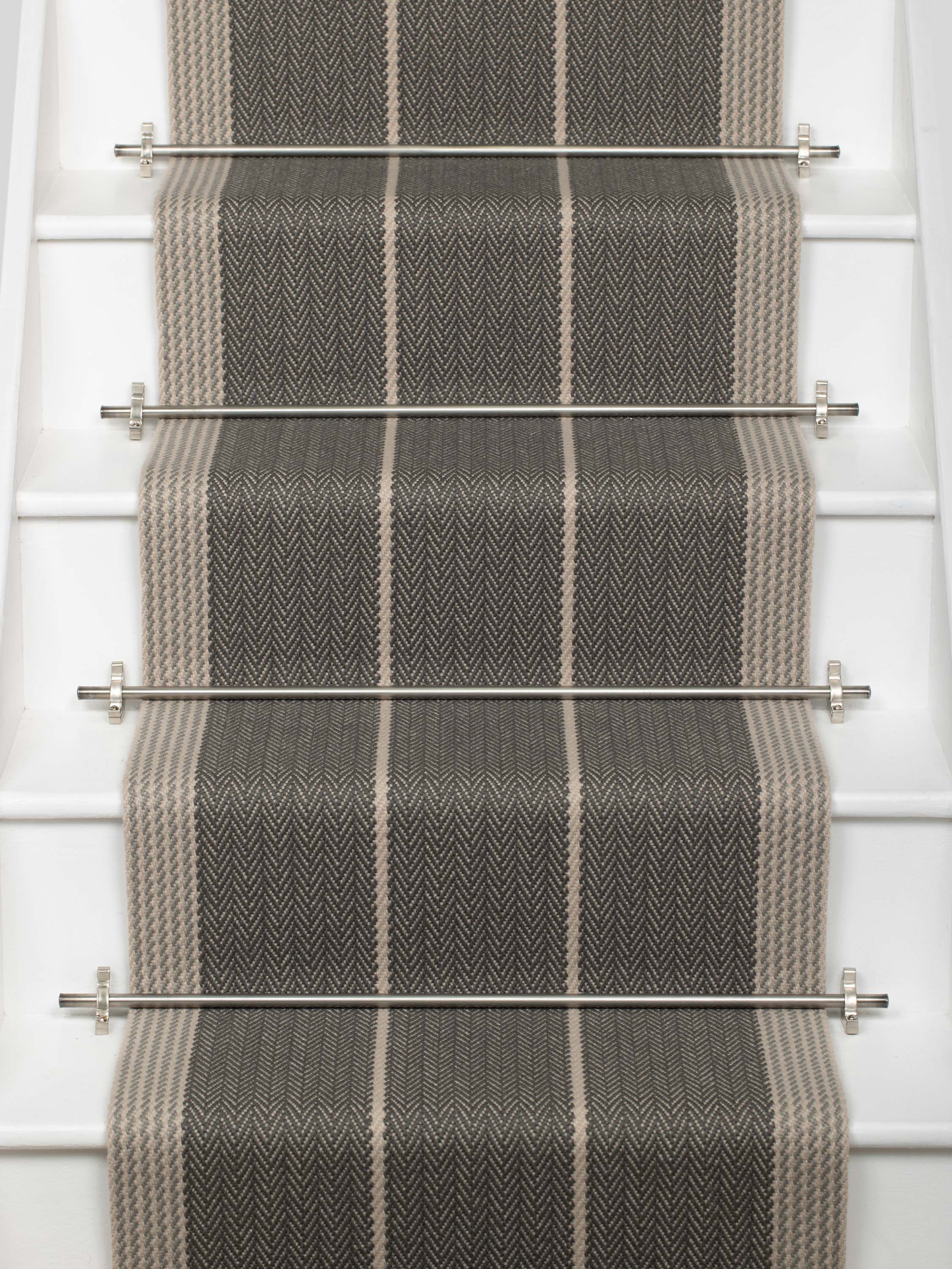 Striped flatweave runner in dark grey and light grey on white staircase