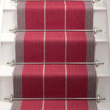 Striped flatweave runner in red and grey on white staircase