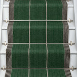 Striped flatweave runner in green and grey on white staircase