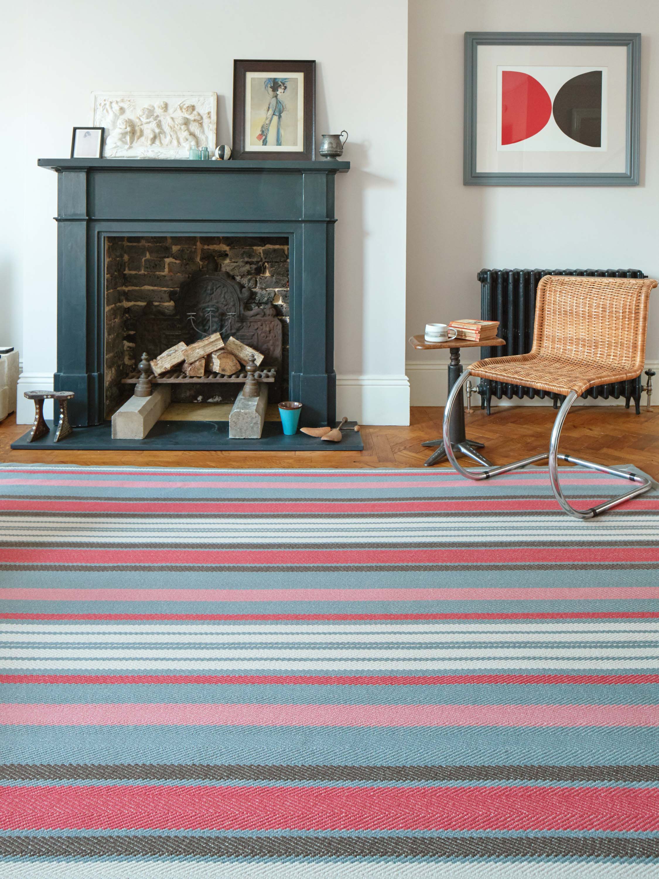 Striped flatweave runner in pink red grey and cream 