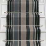 Striped flatweave runner in slate grey and cream on white staircase