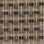 A close-up of a woven rug featuring a checkerboard plaid design with shades of tan, green and brown. 