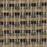 A close-up of a woven rug featuring a checkerboard plaid design with shades of tan, green and brown. 
