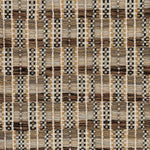 A close-up of a woven rug featuring a checkerboard plaid design with shades of tan, beige and brown.