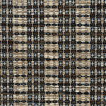 A close-up of a woven rug featuring a variegated stripe design in brown, blue and tan. 