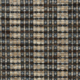 A close-up of a woven rug featuring a variegated stripe design in brown, blue and tan. 