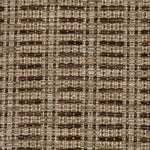 A close-up of a woven rug featuring a variegated stripe design in brown and tan. 