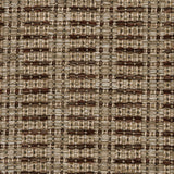 A close-up of a woven rug featuring a variegated stripe design in brown and tan. 