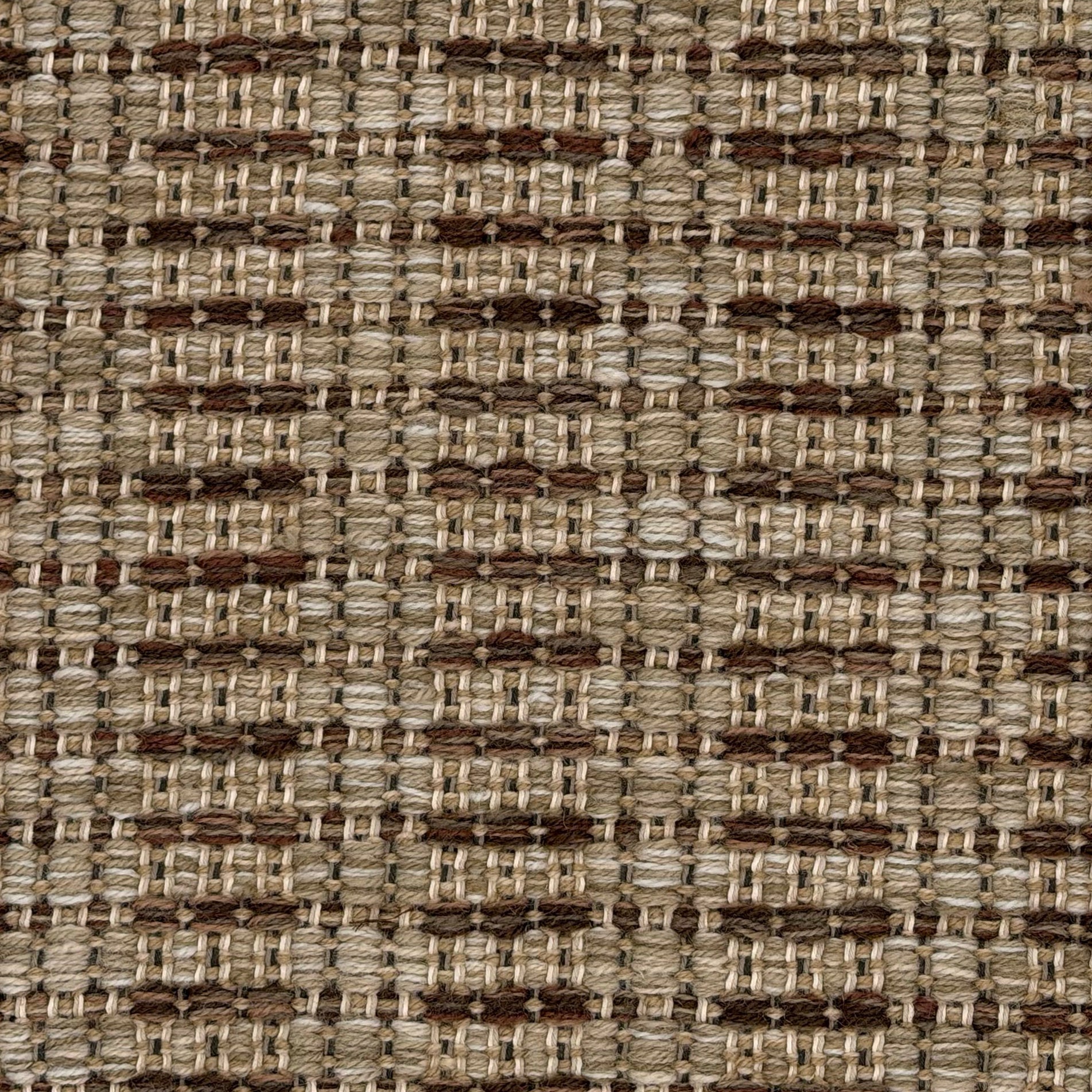 A close-up of a woven rug featuring a variegated stripe design in brown and tan. 