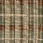 Close-up of a textured brown, green and beige plaid woven rug. 