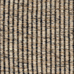 A close-up of a woven wool rug a ribbed stripe in shades of beige and charcoal.