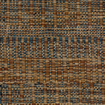A close-up of a woven rug featuring a stacked stripe design in brown, blue and tan. 