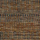 A close-up of a woven rug featuring a stacked stripe design in brown, blue and tan. 