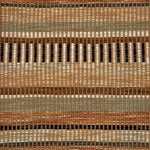 A close-up of a woven rug featuring a stacked stripe design in tan, sage green, brown and cream.