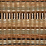 A close-up of a woven rug featuring a stacked stripe design in tan, sage green, brown and cream.