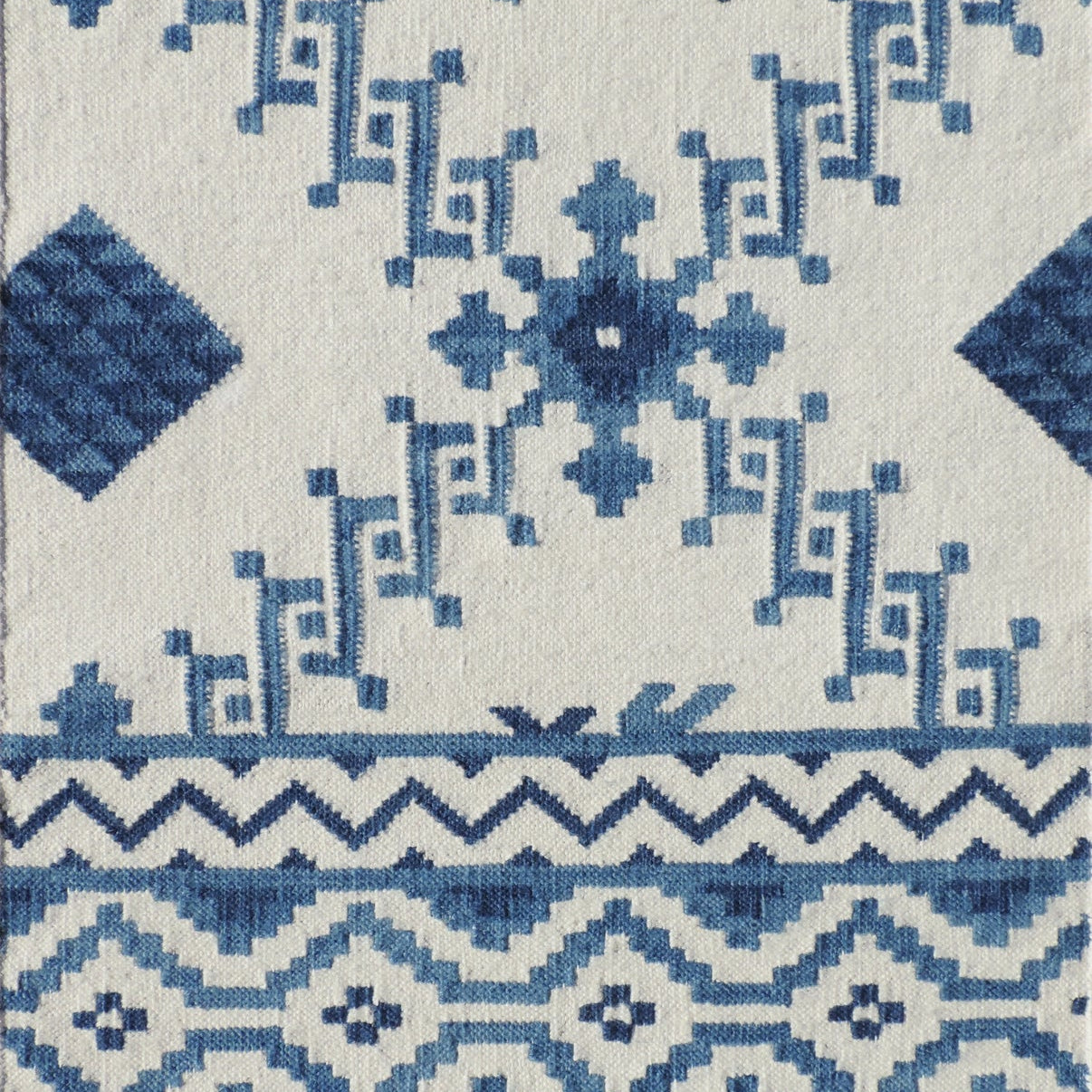 Rug with blue geometric pattern on a white background