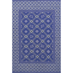 Blue patterned rug with geometric design on a white background