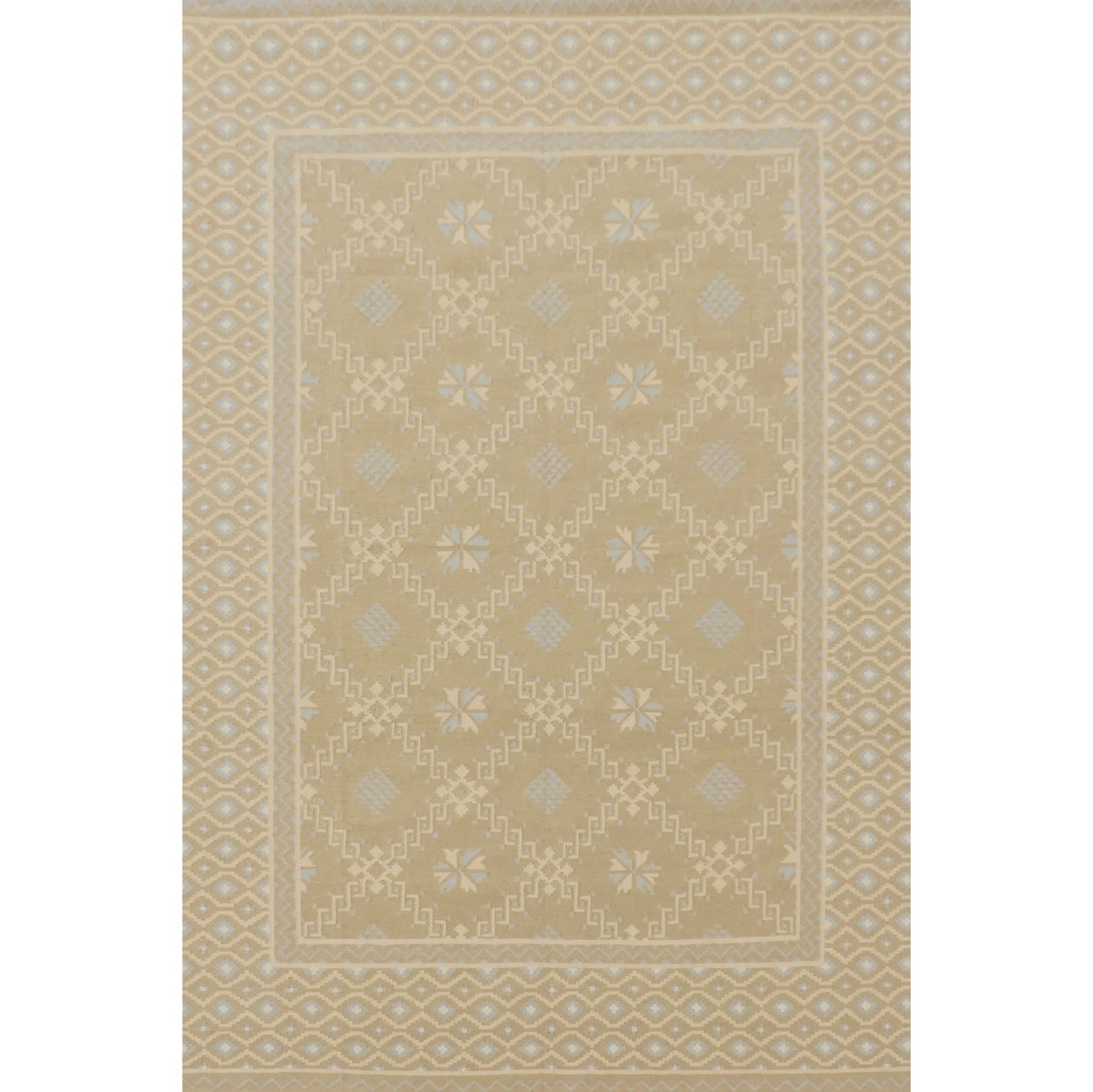 Beige area rug with a geometric pattern on a white background