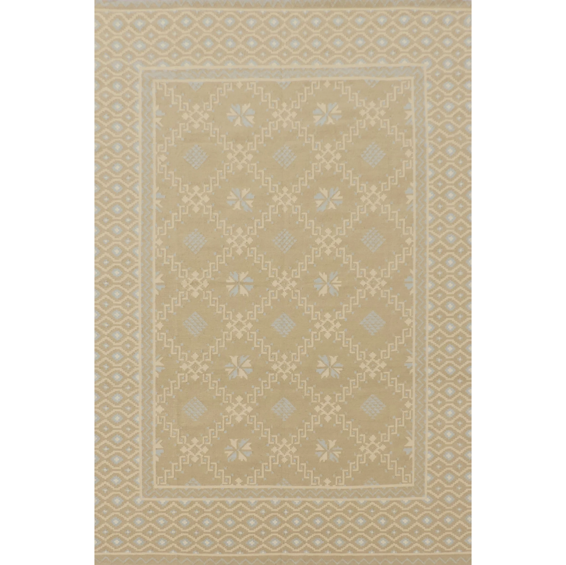 Beige area rug with a geometric pattern on a white background