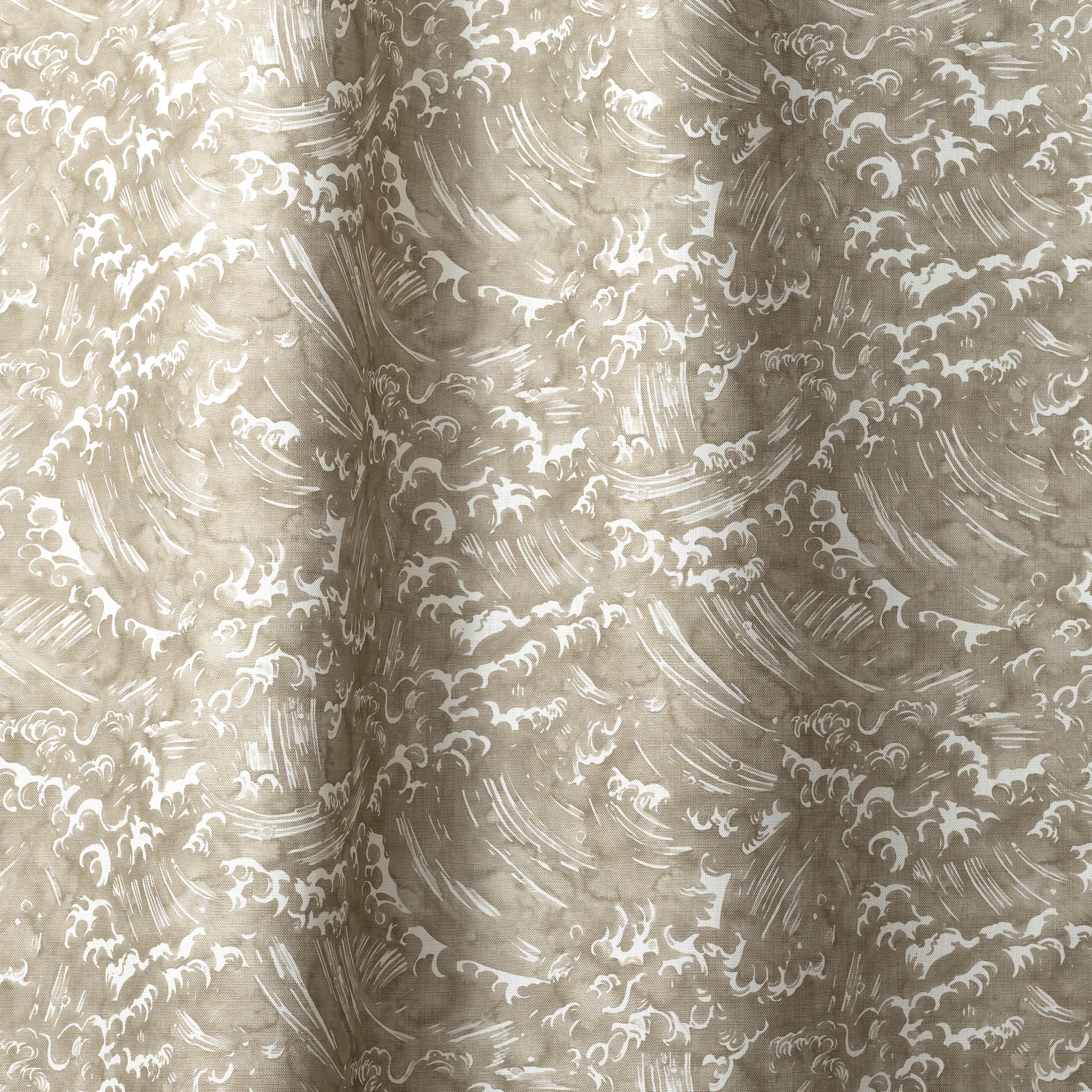 Playful wave print in white on a pale grey-green watercolor field.